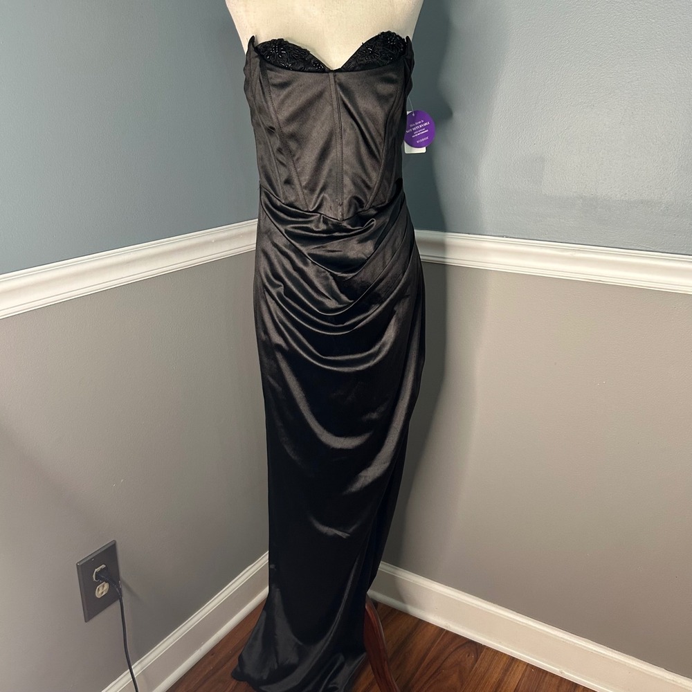 Windsor Black Satin Corset Maxi Dress Beaded Lace Sweetheart Slit MY22453H L